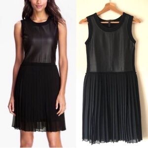 BCBGMAXAZRIA Cleo Black sleeveless dress faux leather and chiffon pleated skirt